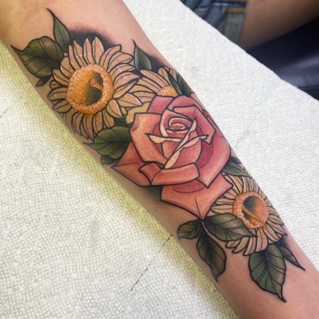 Neo traditional Color floral tattoo by Zac