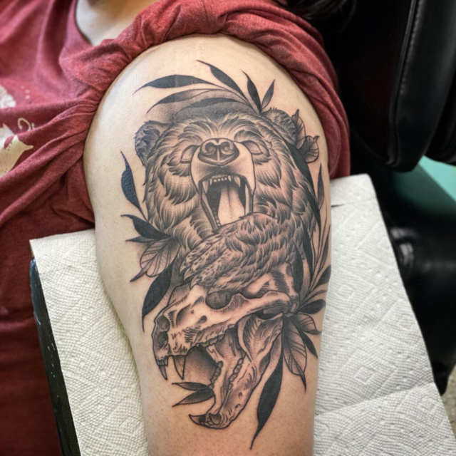 Bear and Skull tattoo by Zac