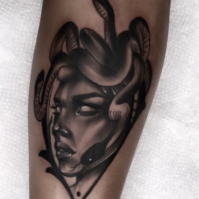 Neo traditional medusa tattoo by Tom