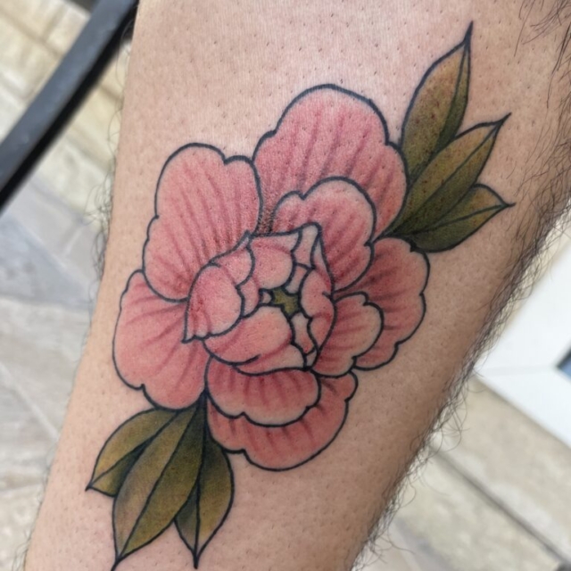 Neo traditional peony tattoo by Amanda